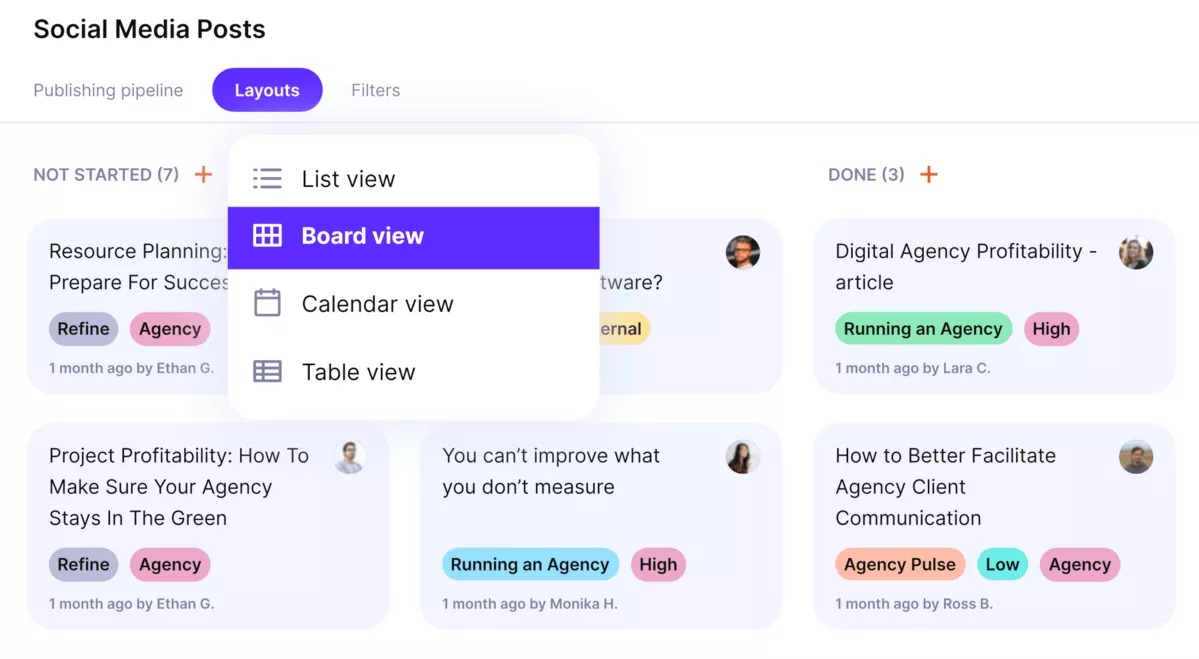 A project management interface that indicates the status of tasks: 'not started', 'in progress', and 'done'. Depicts the allocation of billable time on the project through priority levels, employee allocation, and various potential layouts for viewing projects.