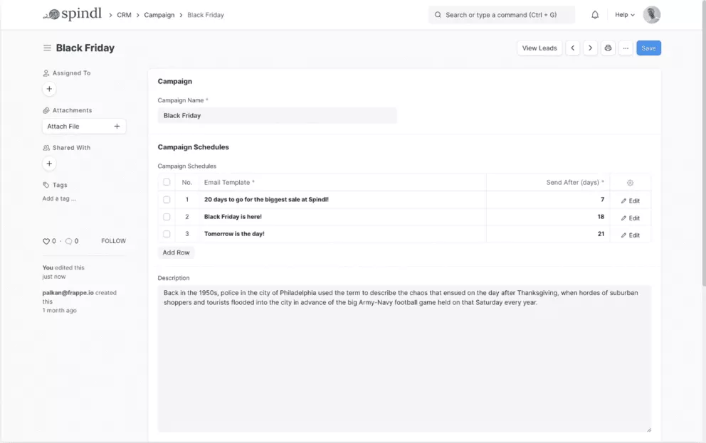 CRM campaign management interface of a Netsuite alternative software, titled 'Black Friday'. It has fields for campaign name, schedules, and descriptions. It features an email campaign schedule with countdown messages.