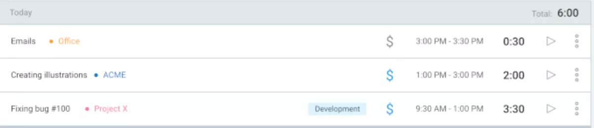 Screenshot of a Professional Services Time Tracking Software daily log showing tasks for emails, creating illustrations, and fixing a bug with respective time durations and project tags.