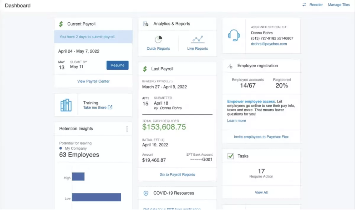Human resources dashboard of one of the top Replicon alternatives, showing current payroll information, recent payroll details, employee registration stats, and task reminders.