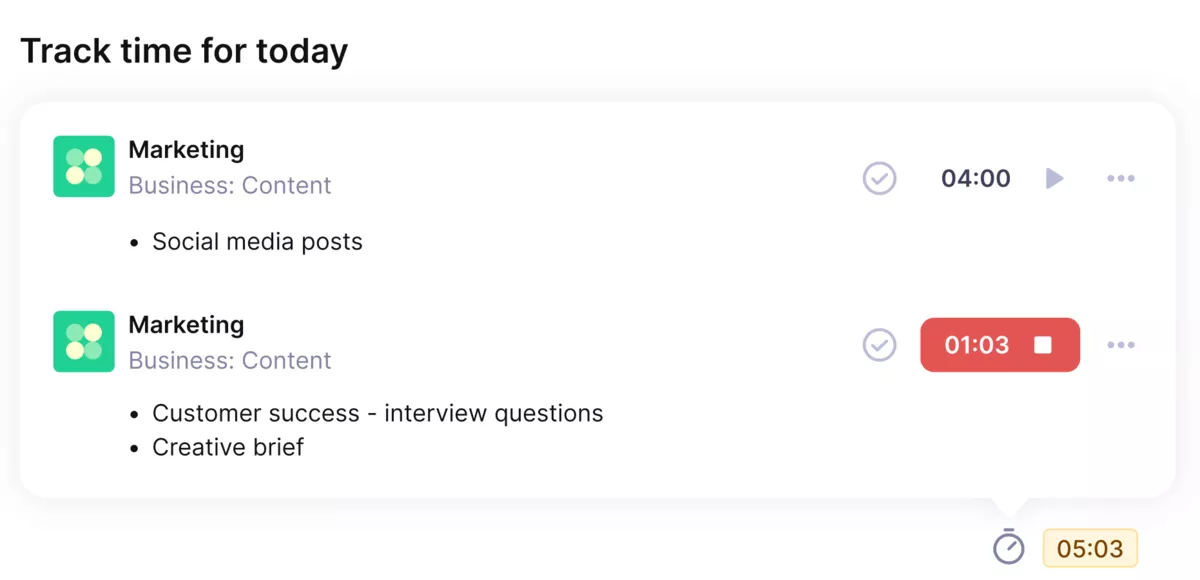 Screenshot of agency software displaying a 'Track time for today' feature, with sections for 'Marketing' under Business: Content, detailing time spent on social media posts and creating a creative brief with timer indicators showing hours and minutes.