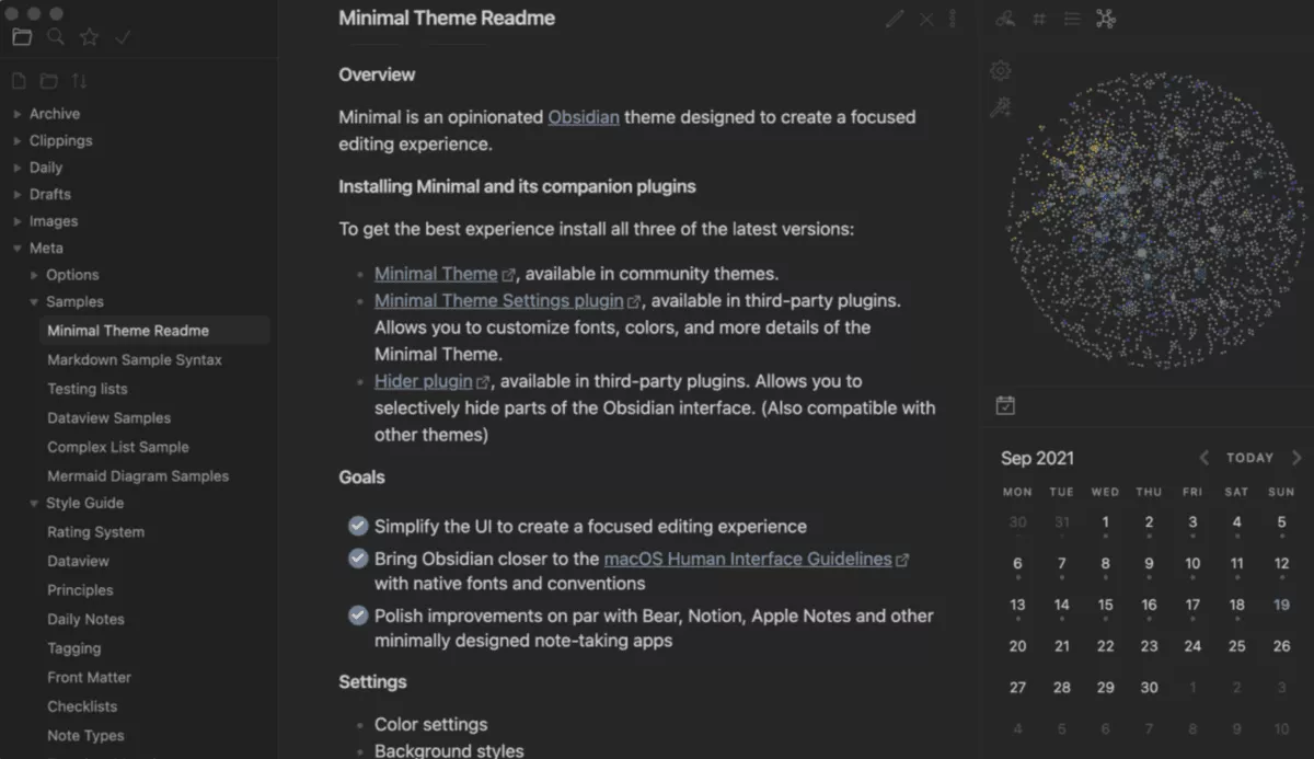 A screenshot of a project management software showing a note titled "Minimal Theme Readme" with details on installing and customizing the theme, alongside a sidebar with note categories and a graph view of note connections. This illustrates the features for comparing Notion vs Obsidian.