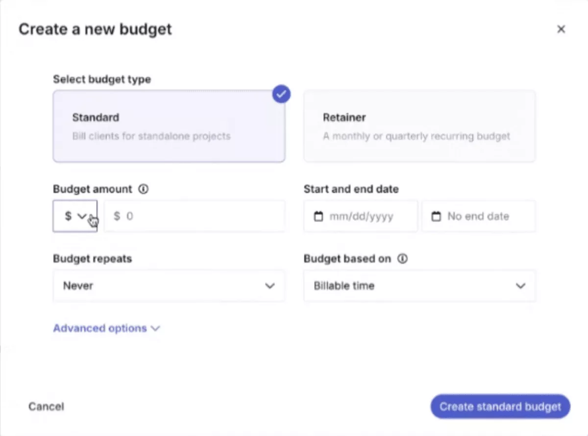A screenshot of a project management software displaying the "Create a new budget" interface. The form allows users to select a budget type, set the budget amount, specify start and end dates, choose budget repetition options, and base the budget on billable time. This interface is useful for evaluating budgeting features in "wrike vs teamwork."