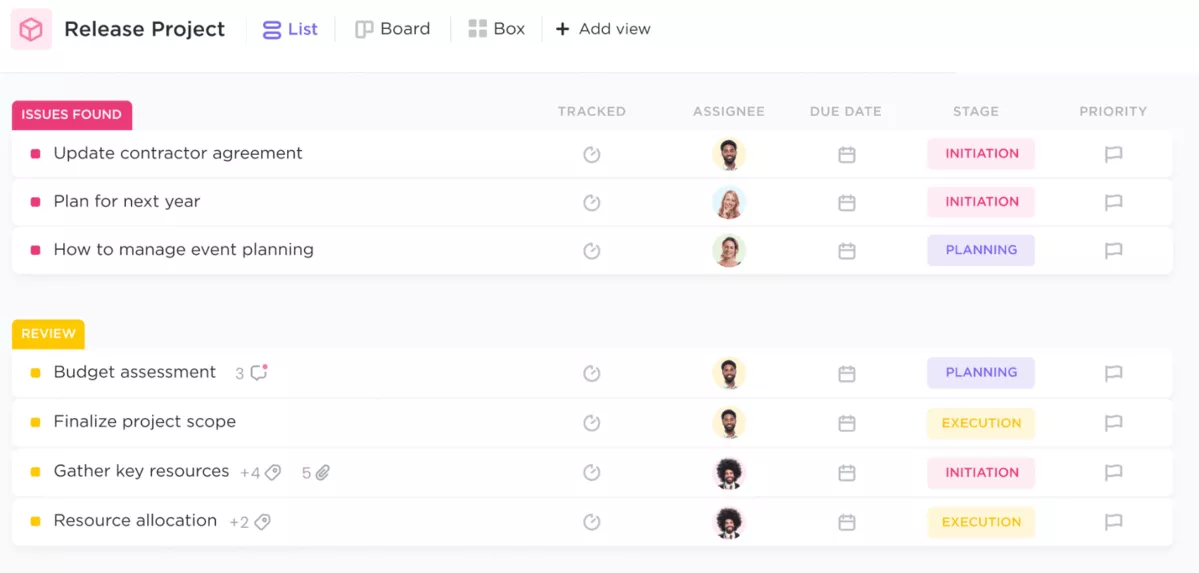 A screenshot of a project management alternative depicting task management in a list view, where tasks are categorized by stages such as "Issues Found" and "Review." Each task displays information like the assignee, due date, stage, and priority. This interface allows for easy organization and tracking of project progress, making it a solid HoneyBook alternative for managing projects that require detailed task assignments and workflow tracking.