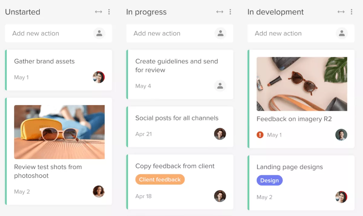 A screenshot of a project management alternative depicting a kanban board view with tasks organized into stages such as "Unstarted," "In progress," and "In development." Tasks like "Gather brand assets" and "Feedback on imagery R2" are displayed with due dates and assignees, alongside visual elements for certain tasks. This layout makes it a versatile HoneyBook alternative for teams managing creative projects and workflows in a visually organized manner.
