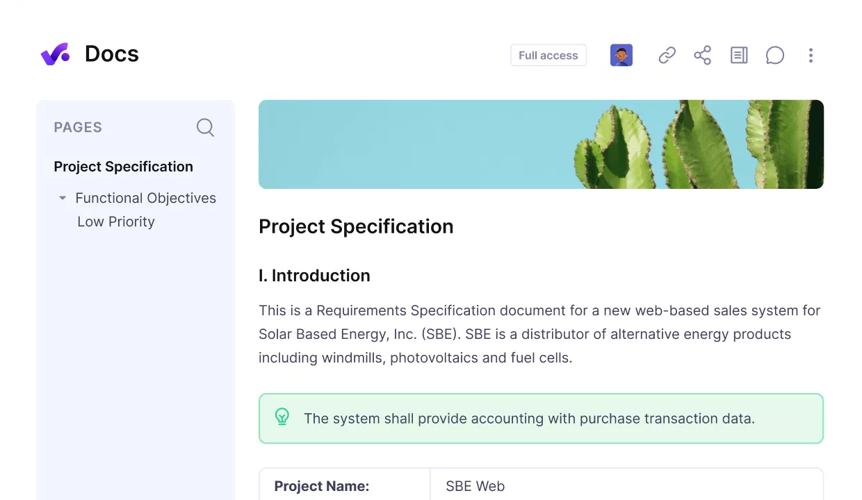 A screenshot of a project management software displaying a Project Specification document for a Feasibility Study, outlining a web-based sales system for an alternative energy company, including project objectives and functional requirements.